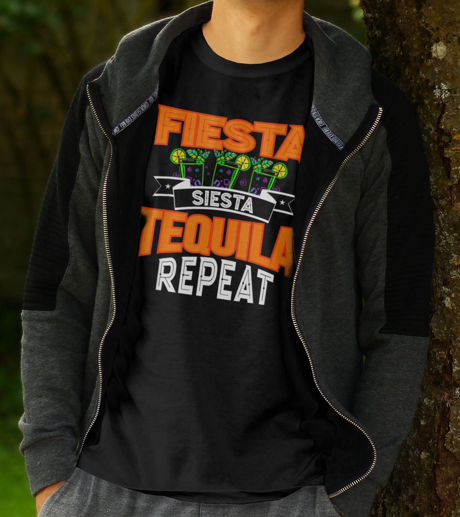 Fiesta Siesta Tequila Repeat Drinker Cin Colorful Margarita Glasses Lime Party T-Shirt