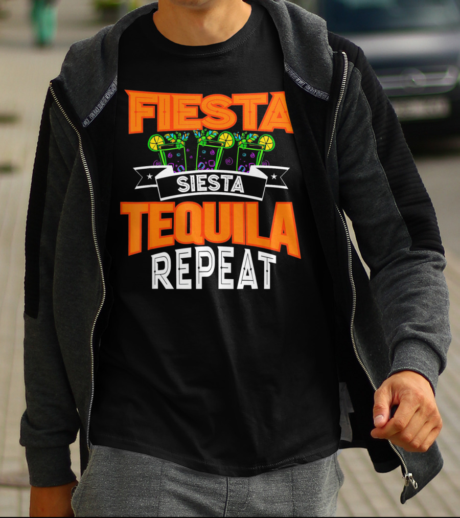 Fiesta Siesta Tequila Repeat Drinker Cin Colorful Margarita Glasses Lime Party T-Shirt