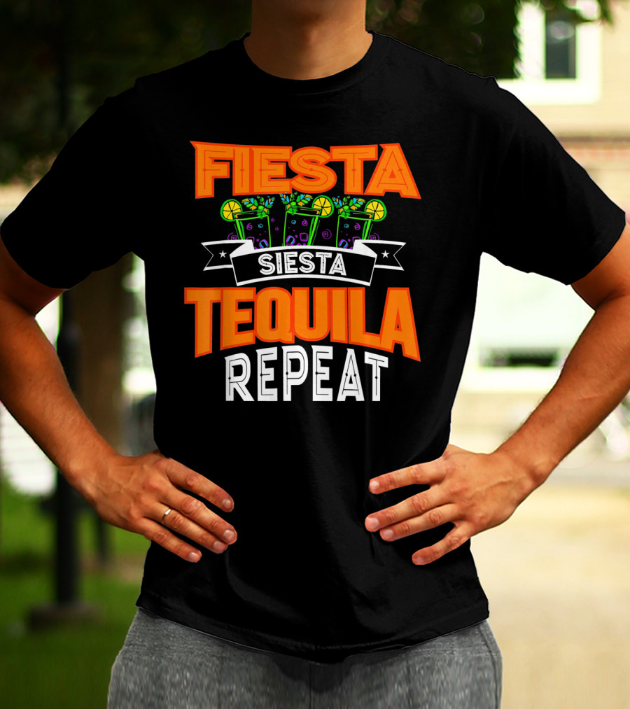 Fiesta Siesta Tequila Repeat Drinker Cin Colorful Margarita Glasses Lime Party T-Shirt