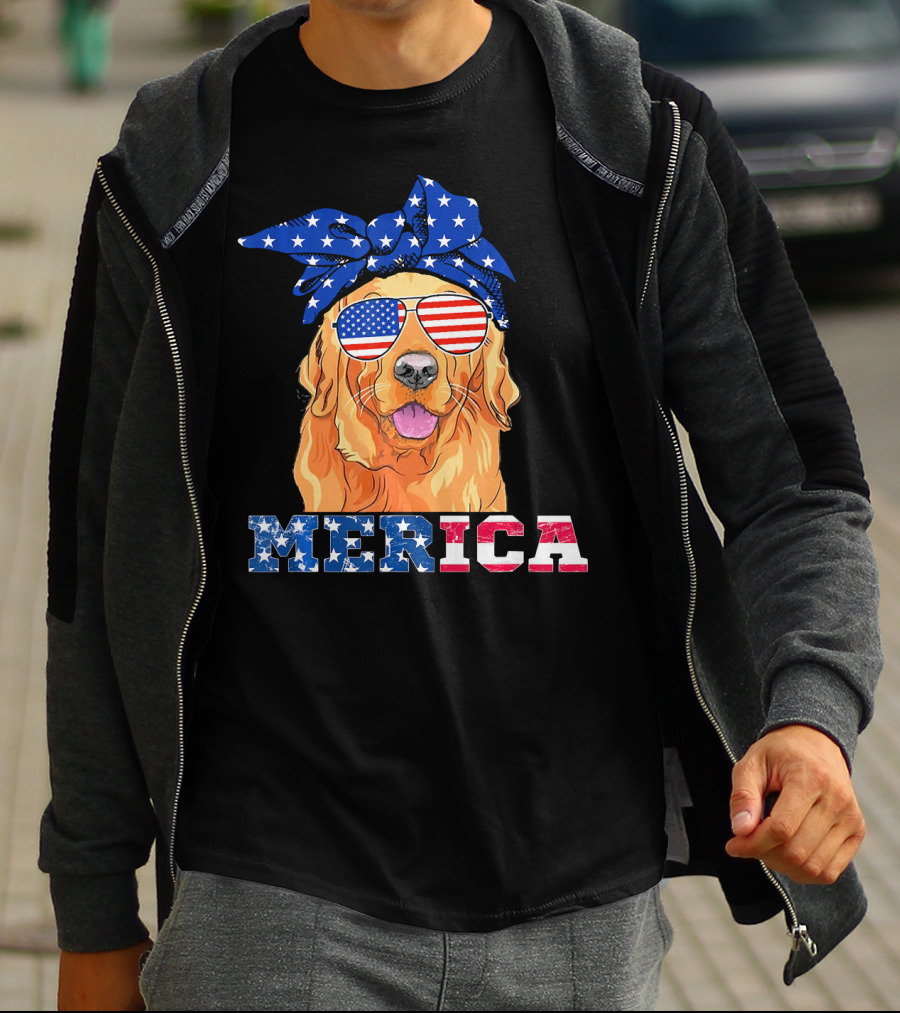 Merica Patriotic Golden Retriever With American Flag Bandana And Sunglasses T-Shirt
