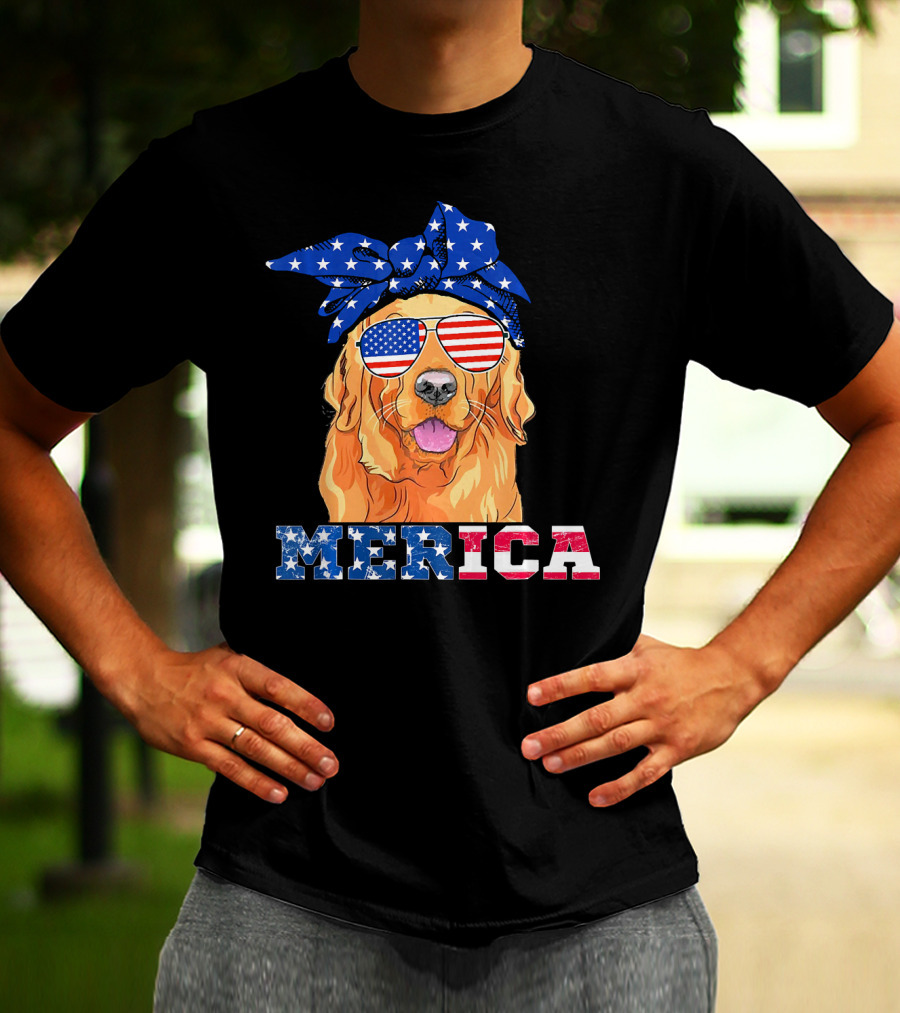 Merica Patriotic Golden Retriever With American Flag Bandana And Sunglasses T-Shirt