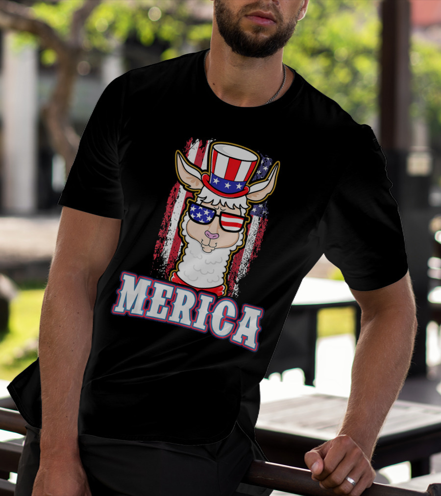 Patriotic Llama Merica American Flag US T-Shirt