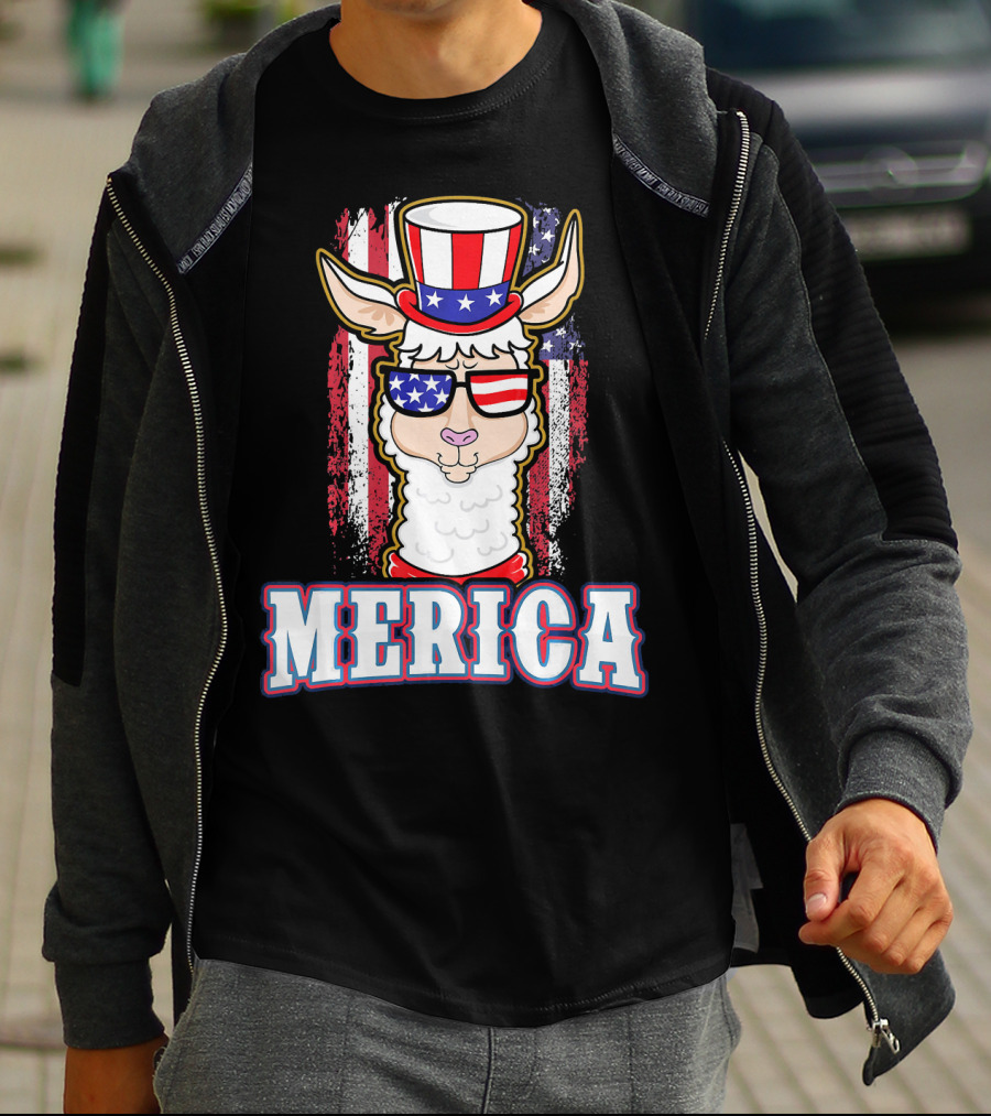 Patriotic Llama Merica American Flag US T-Shirt