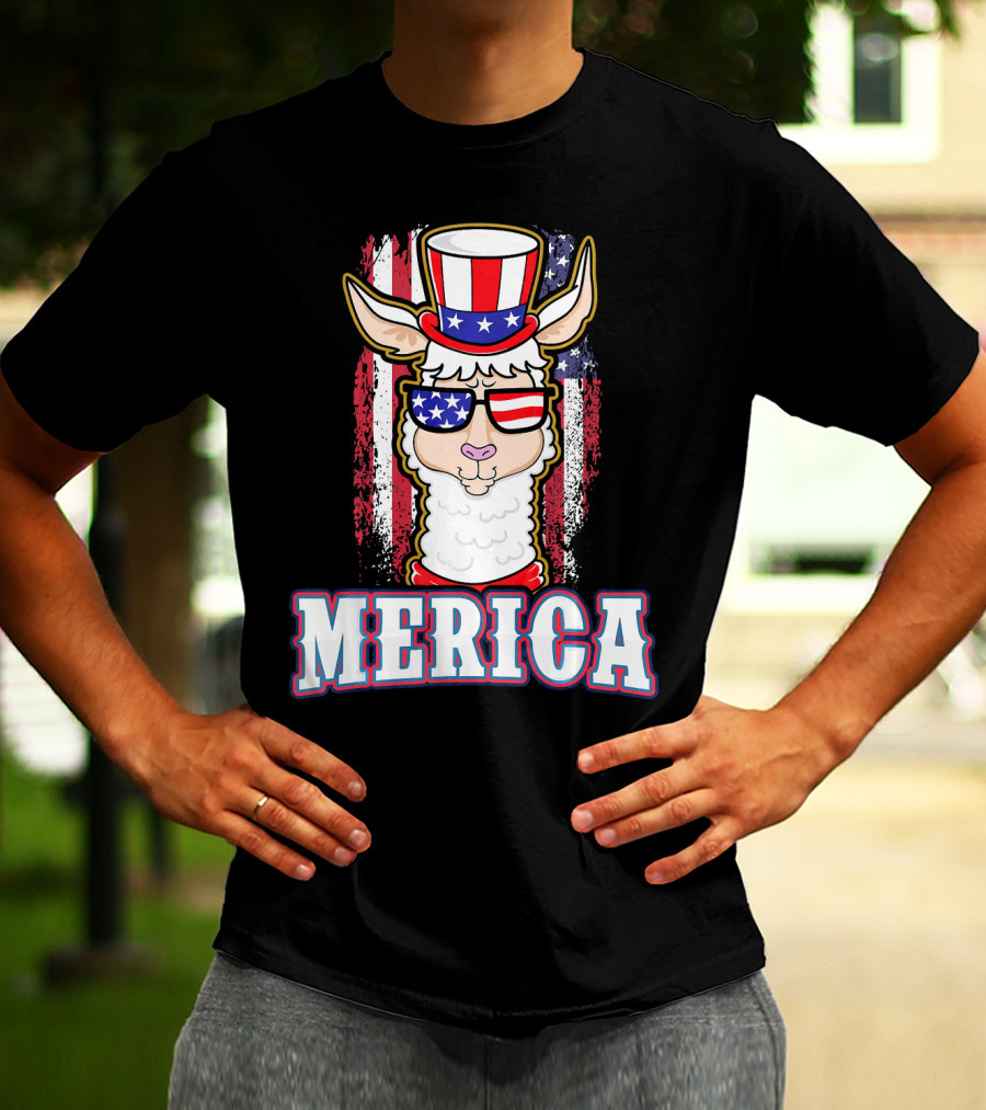 Patriotic Llama Merica American Flag US T-Shirt