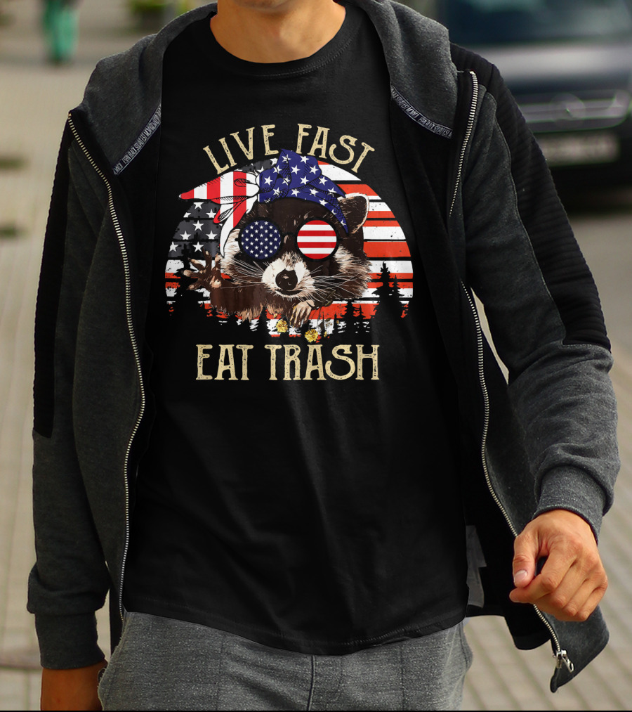 Live Fast Eat Trash American Flag Raccoon Patriotic T-Shirt