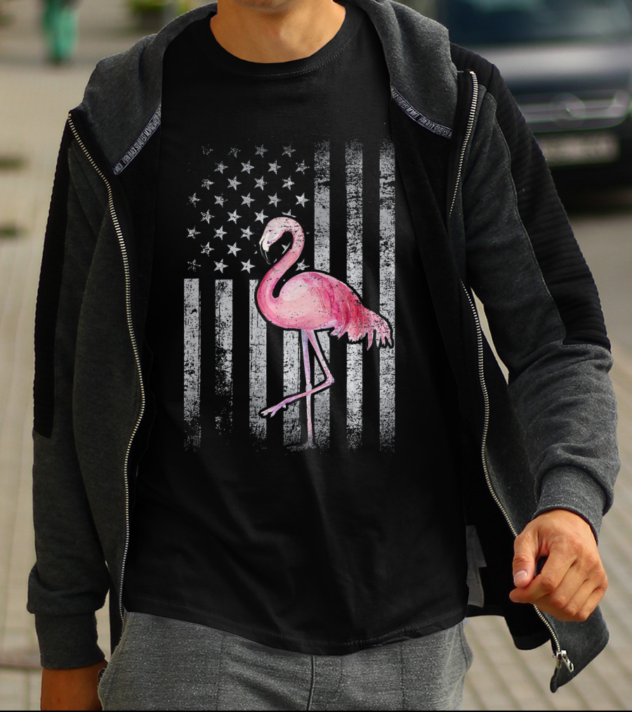 American Flag Stars And Stripes Pink Flamingo Patriotic T-Shirt