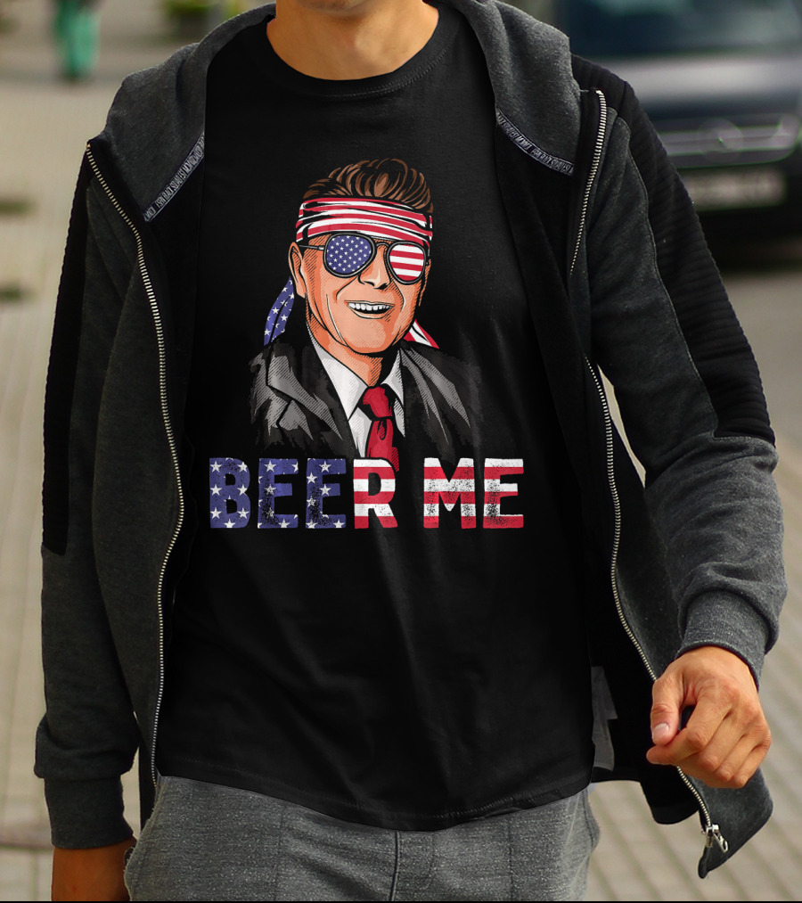 Ronald Reagan Beer Me Patriotic American Flag Bandana And Sunglasses T-Shirt