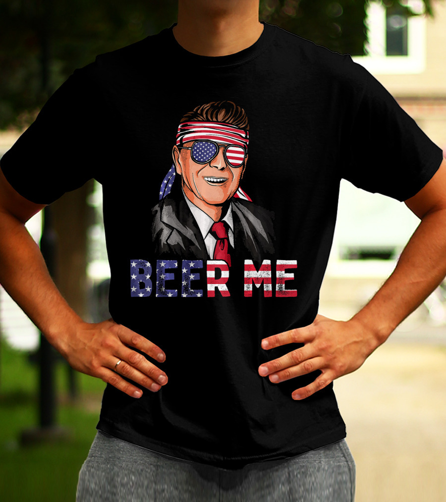 Ronald Reagan Beer Me Patriotic American Flag Bandana And Sunglasses T-Shirt