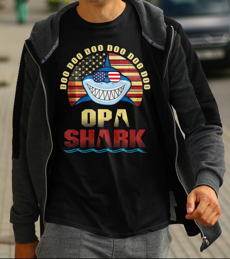 Doo Doo Doo Doo Doo Opa Shark American Flag Fathers T-Shirt