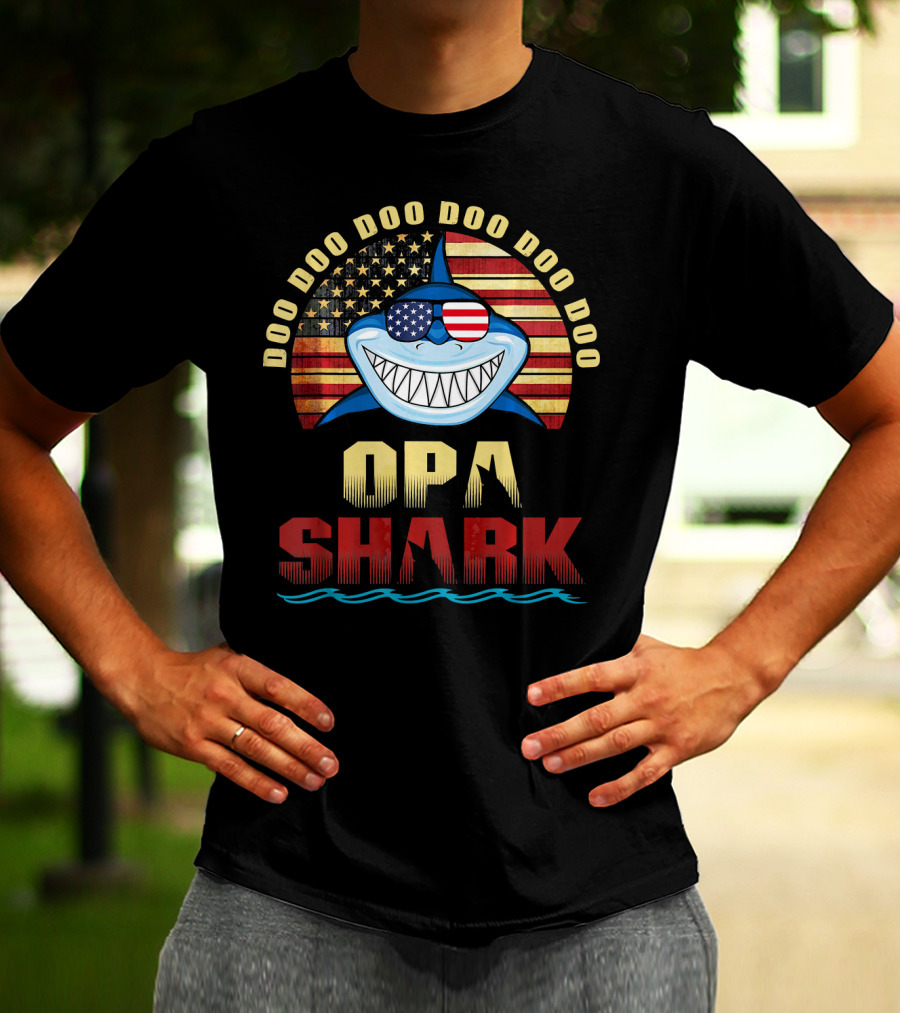 Doo Doo Doo Doo Doo Opa Shark American Flag Fathers T-Shirt