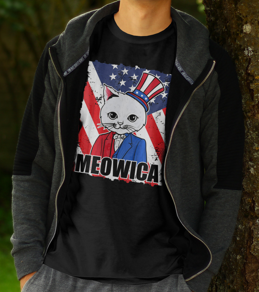 Meowica Cat With Uncle Sam Hat And American Flag Background T-Shirt