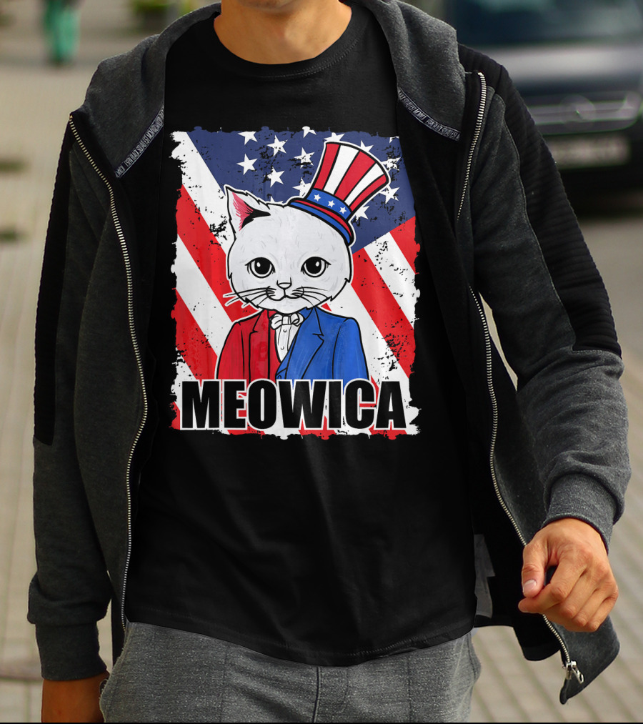 Meowica Cat With Uncle Sam Hat And American Flag Background T-Shirt