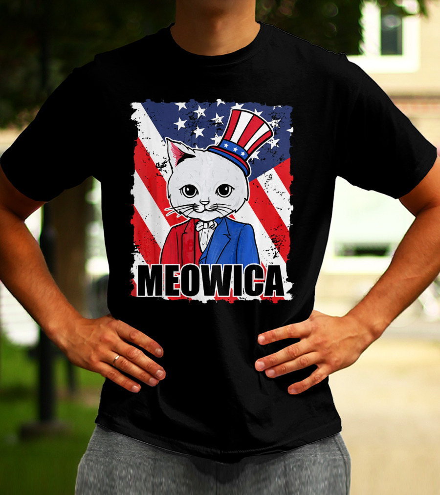 Meowica Cat With Uncle Sam Hat And American Flag Background T-Shirt