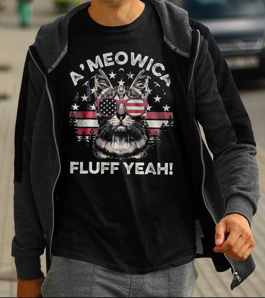 Ameowica Fluff Yeah Cat With American Flag Sunglasses And Stars T-Shirt