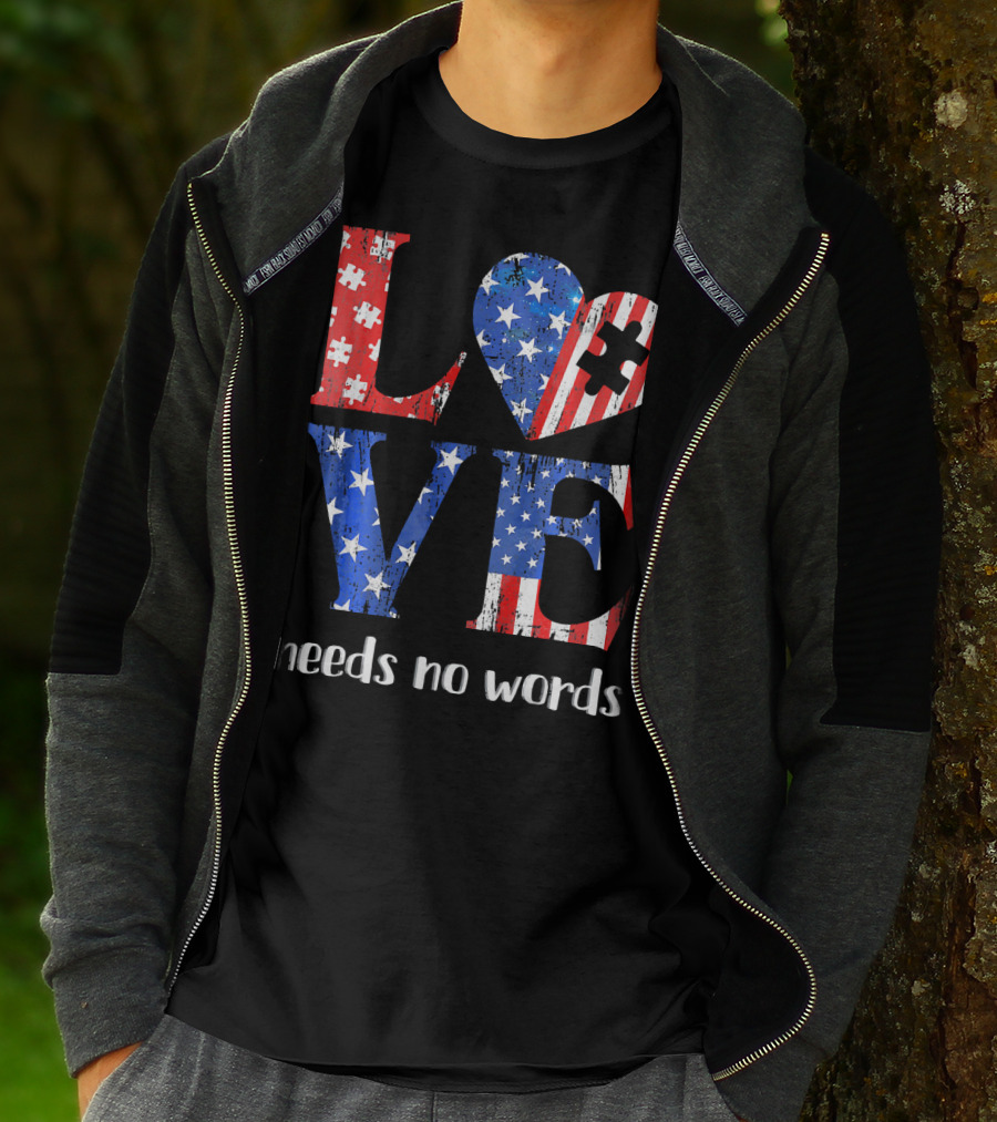Love Needs No Words Autism Awareness American Flag Puzzle T-Shirt