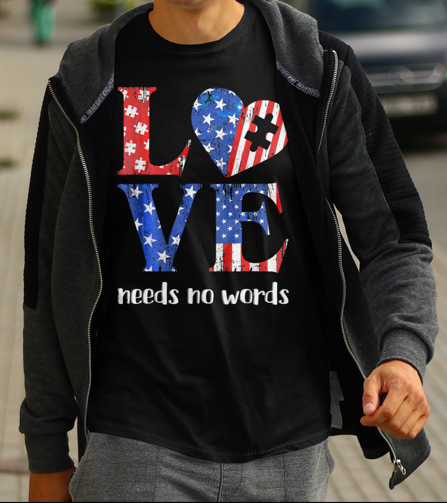 Love Needs No Words Autism Awareness American Flag Puzzle T-Shirt