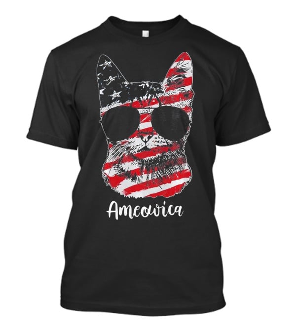 Ameowica Cat Wearing American Flag Pattern With Sunglasses T-Shirt