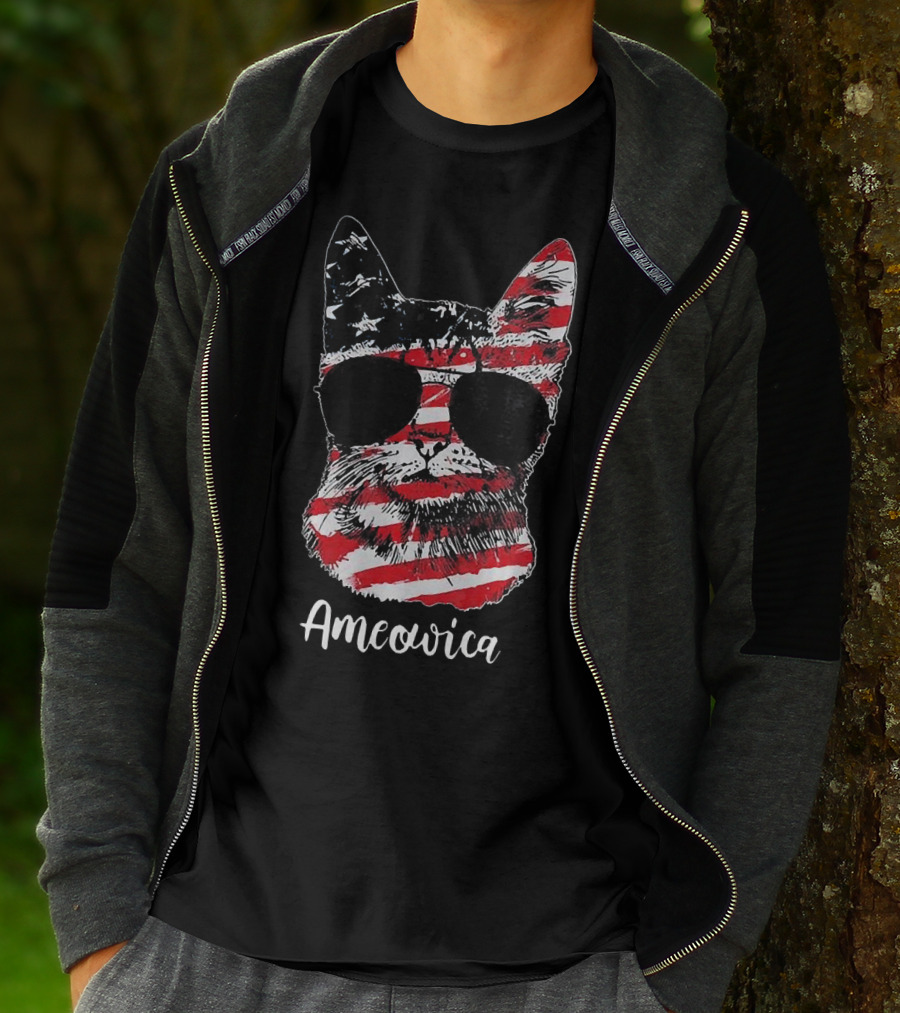 Ameowica Cat Wearing American Flag Pattern With Sunglasses T-Shirt