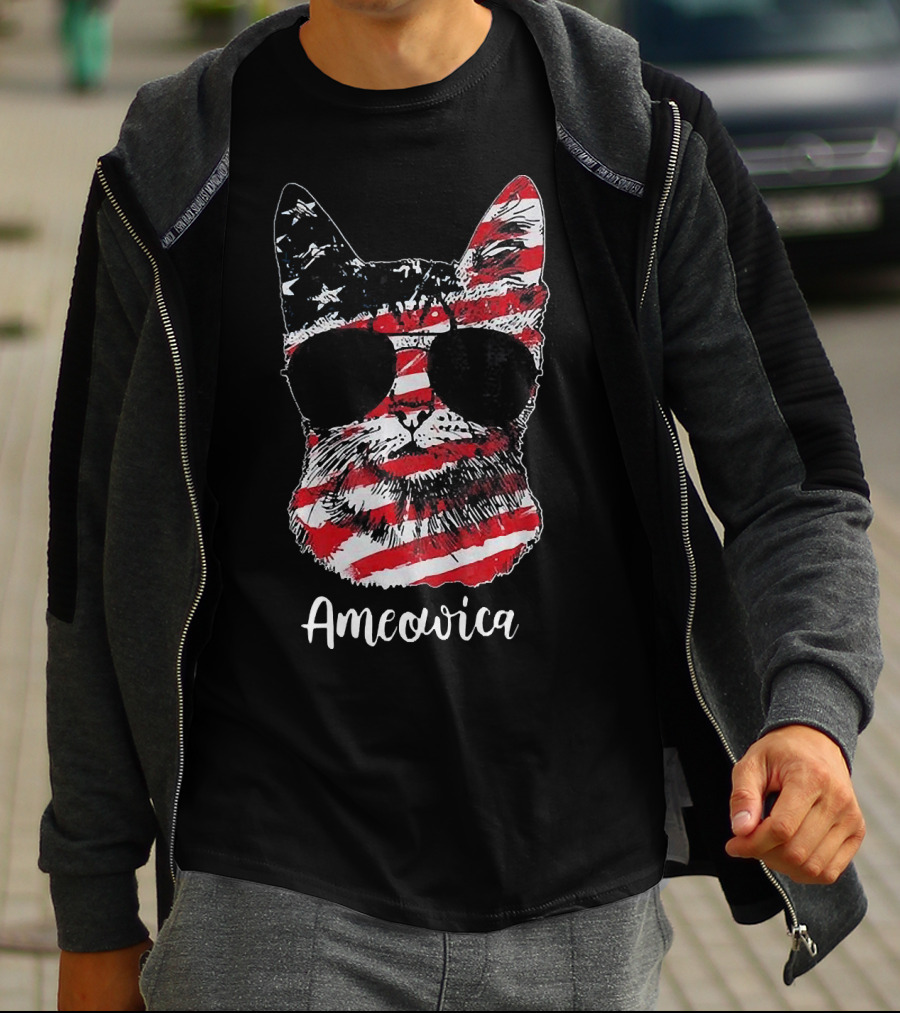 Ameowica Cat Wearing American Flag Pattern With Sunglasses T-Shirt