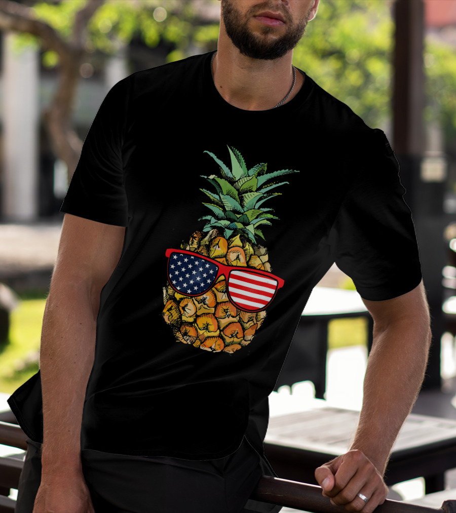 Funny Pineapple With American Flag Glasses Fourth Of July T-Shirt
