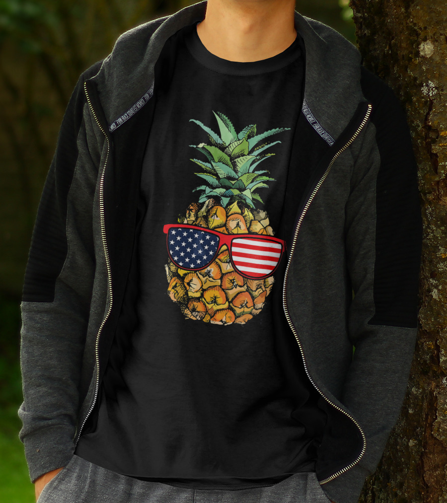 Funny Pineapple With American Flag Glasses Fourth Of July T-Shirt