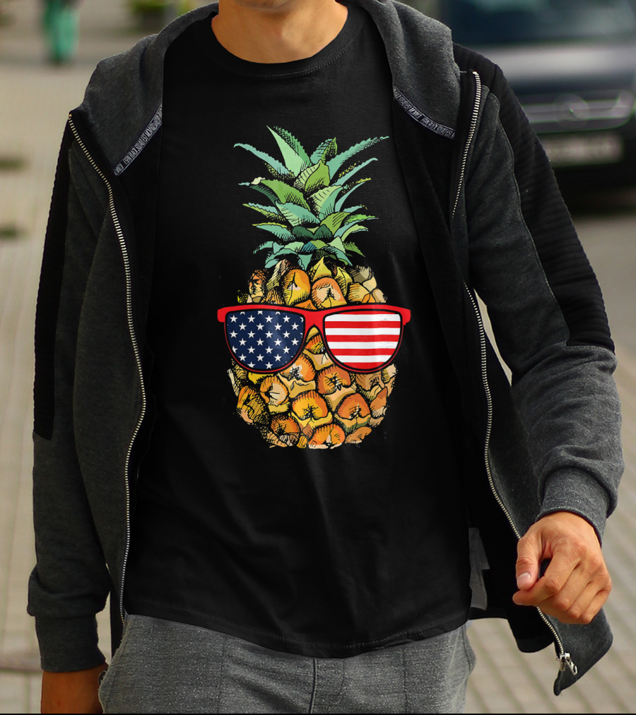 Funny Pineapple With American Flag Glasses Fourth Of July T-Shirt