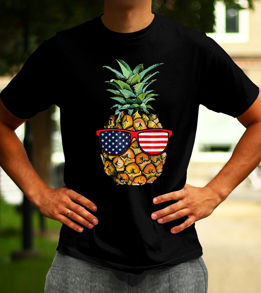 Funny Pineapple With American Flag Glasses Fourth Of July T-Shirt