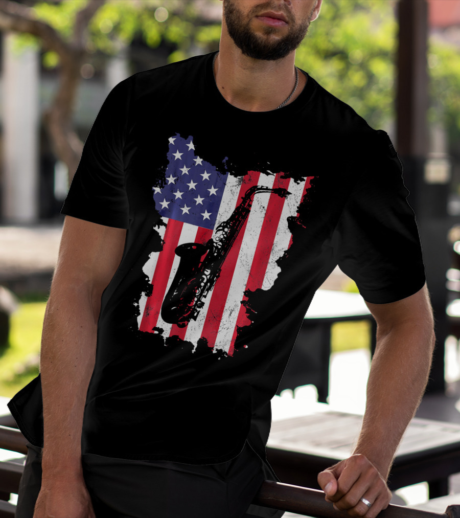 Saxophone USA Flag America Instrument T-Shirt