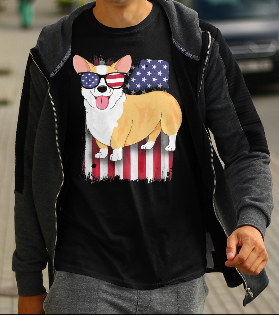 Corgi American Flag Sunglasses Patriotic Spirit T-Shirt