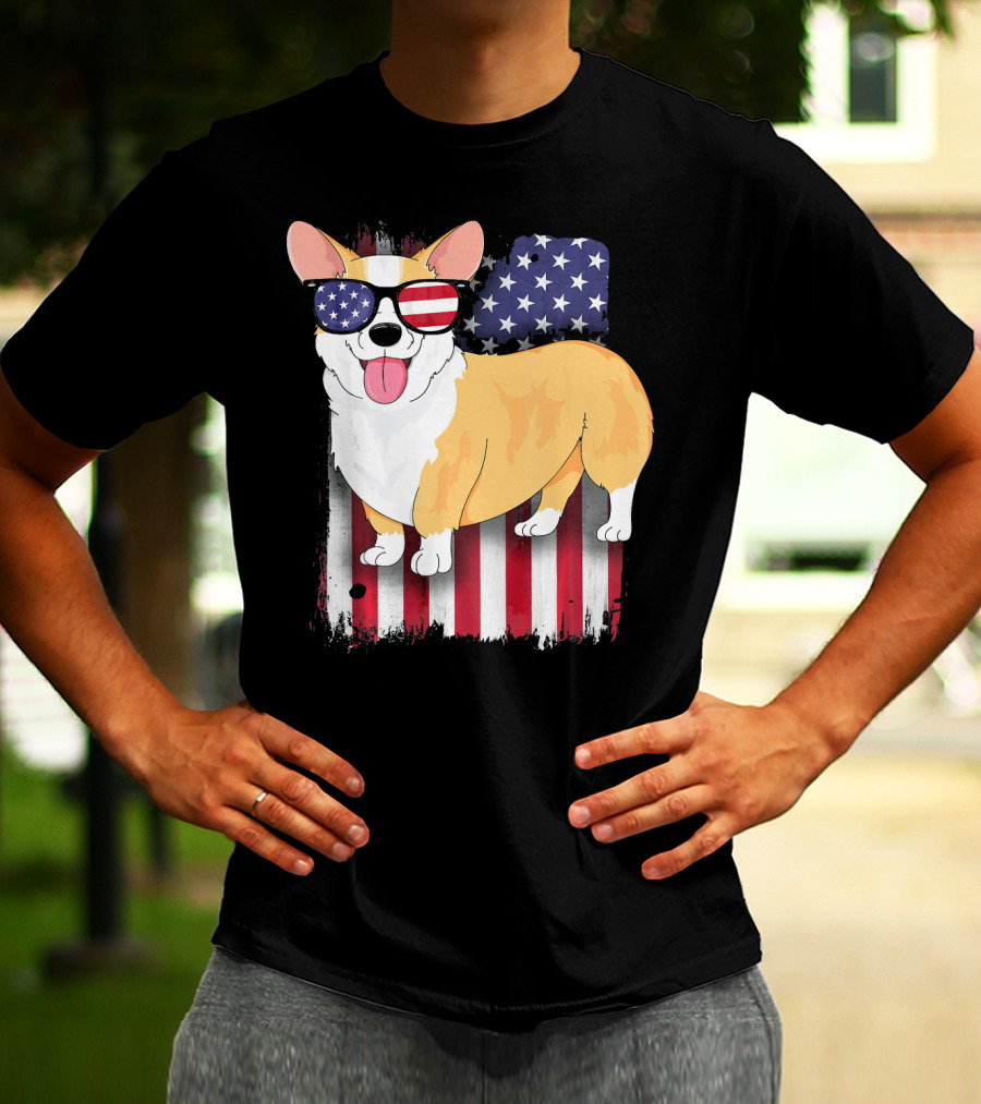 Corgi American Flag Sunglasses Patriotic Spirit T-Shirt