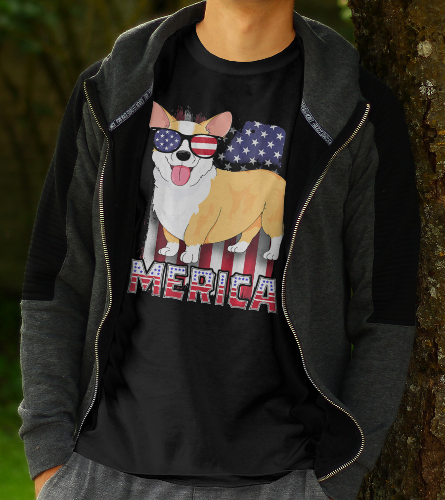 Corgi USA Merica Boys Patriotic Dog American Flag Sunglasses T-Shirt