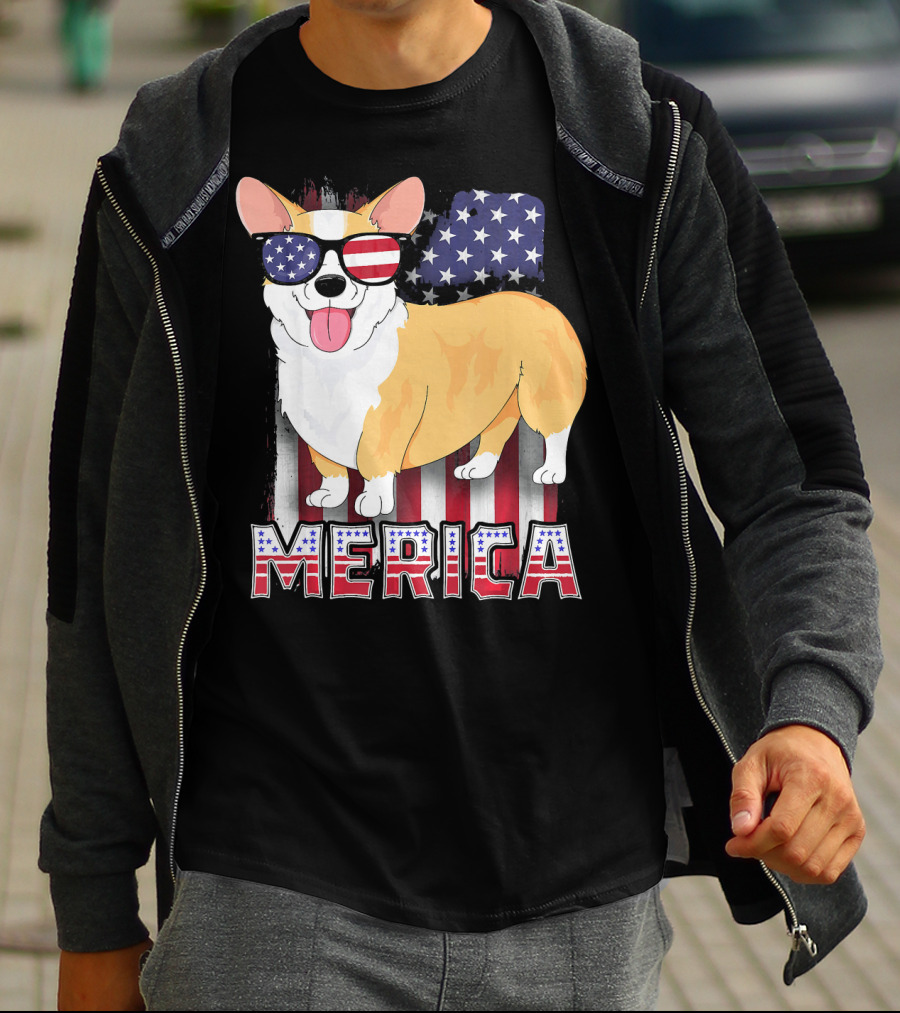 Corgi USA Merica Boys Patriotic Dog American Flag Sunglasses T-Shirt