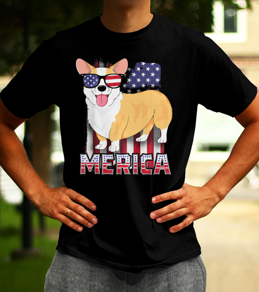 Corgi USA Merica Boys Patriotic Dog American Flag Sunglasses T-Shirt