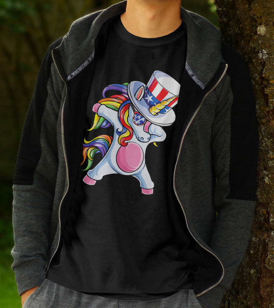 Dabbing Unicorn With Patriotic Uncle Sam Hat And Rainbow Mane T-Shirt