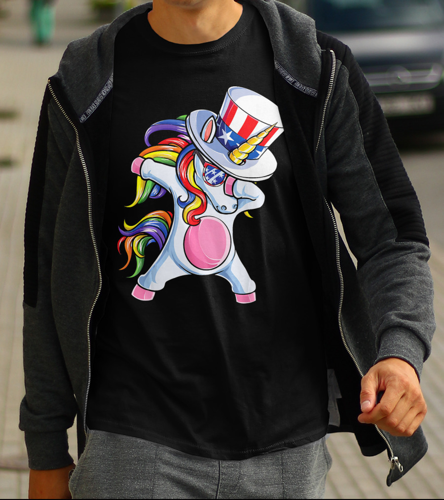 Dabbing Unicorn With Patriotic Uncle Sam Hat And Rainbow Mane T-Shirt