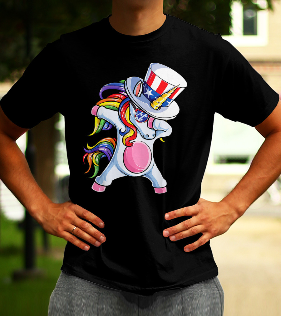 Dabbing Unicorn With Patriotic Uncle Sam Hat And Rainbow Mane T-Shirt