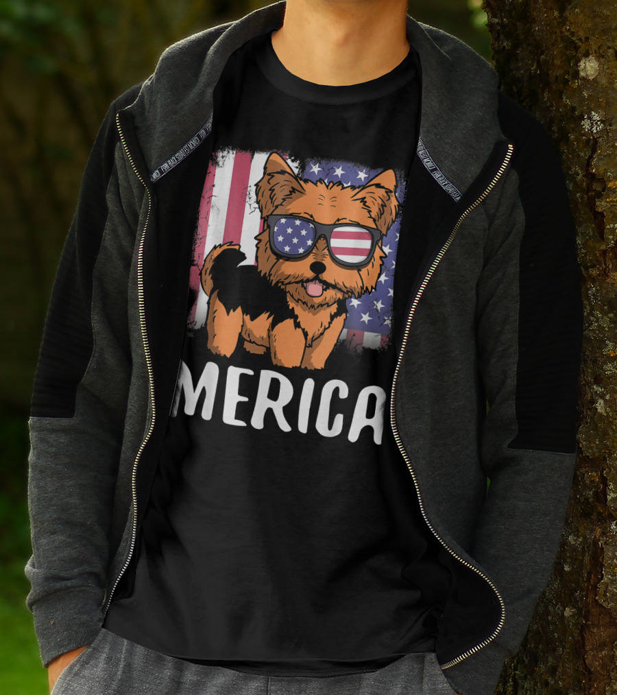 Merica Yorkie Dog American Flag Sunglasses USA T-Shirt