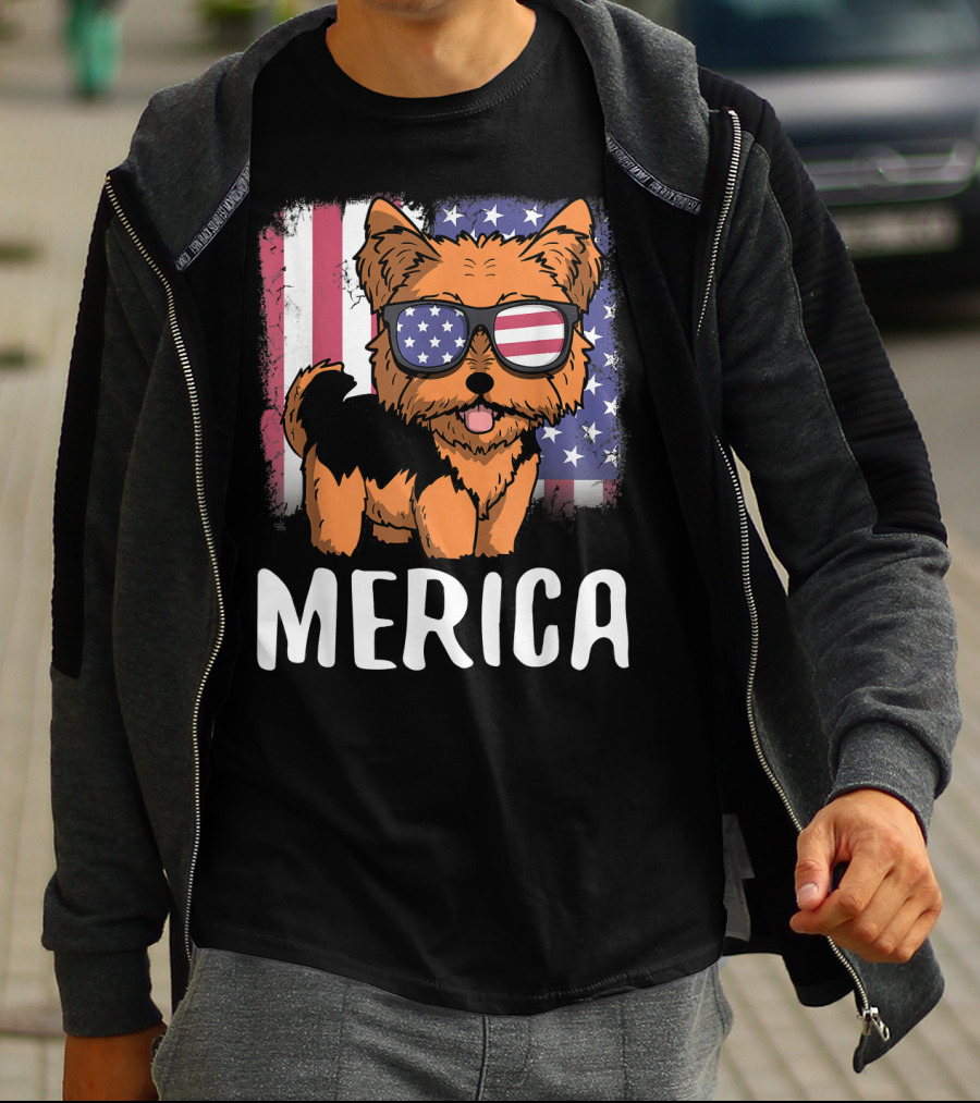 Merica Yorkie Dog American Flag Sunglasses USA T-Shirt