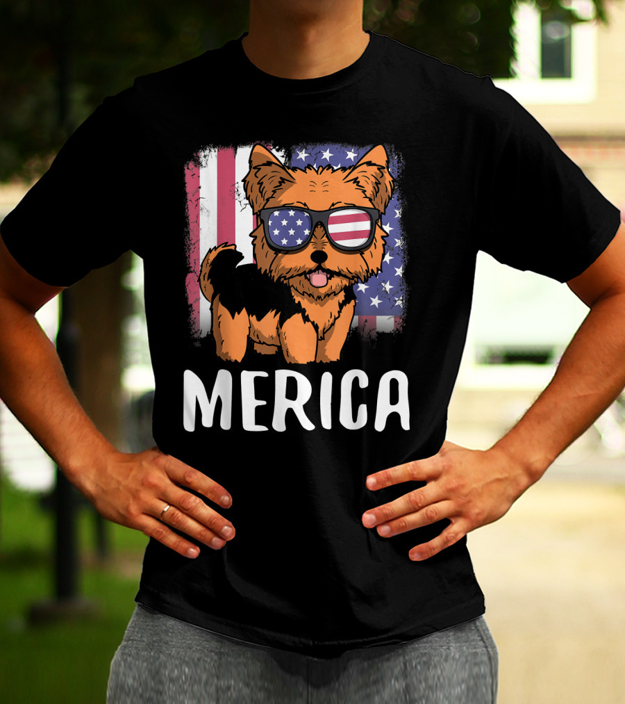 Merica Yorkie Dog American Flag Sunglasses USA T-Shirt
