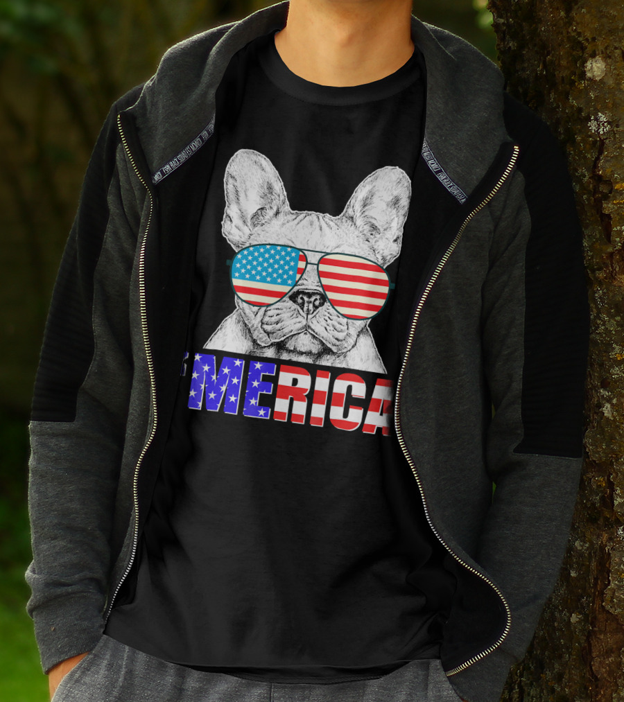 Funny French Bull Dog 'Merica With American Flag Sunglasses T-Shirt