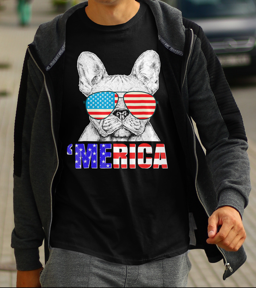 Funny French Bull Dog 'Merica With American Flag Sunglasses T-Shirt