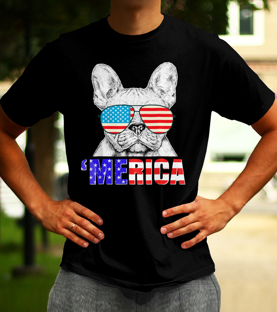 Funny French Bull Dog 'Merica With American Flag Sunglasses T-Shirt