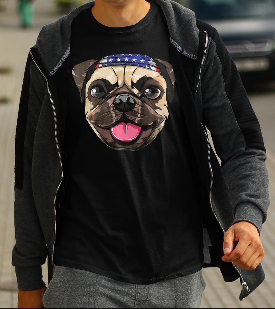 Pug Dog American Flag Bandana T-Shirt