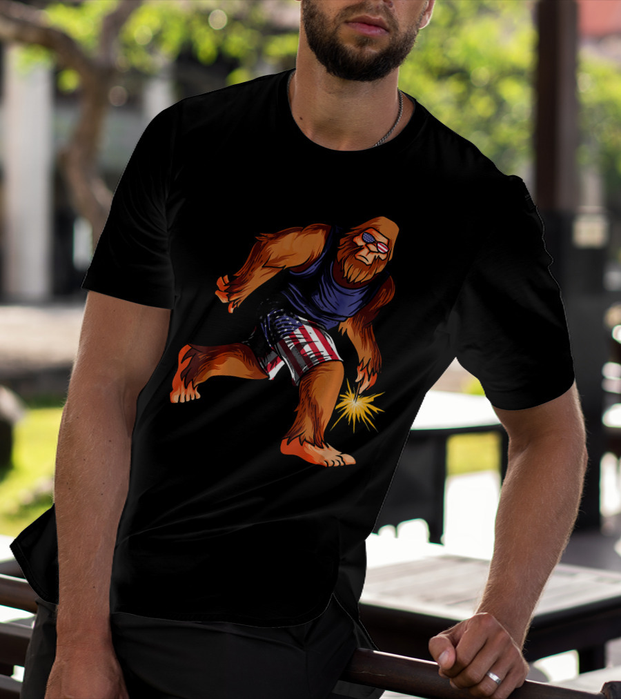 Bigfoot In American Flag Shorts With Fourth Of July Sparkler T-Shirt