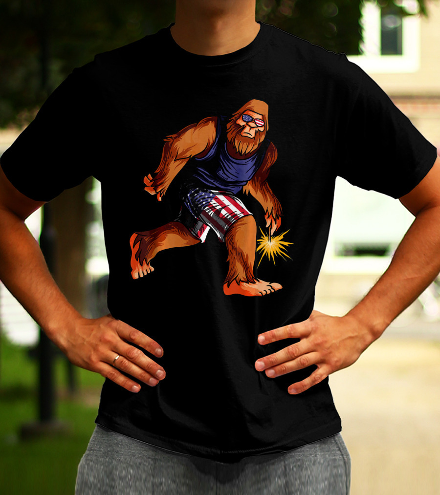 Bigfoot In American Flag Shorts With Fourth Of July Sparkler T-Shirt