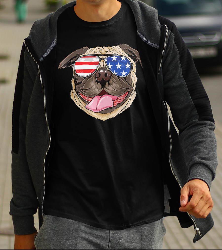 Patriotic Pug With American Flag Sunglasses T-Shirt