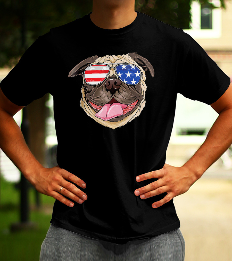 Patriotic Pug With American Flag Sunglasses T-Shirt