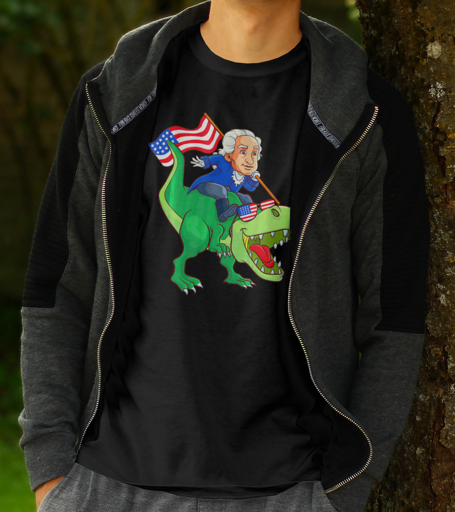 George Washington Riding Rex Dinosaur With American Flag And Sunglasses T-Shirt