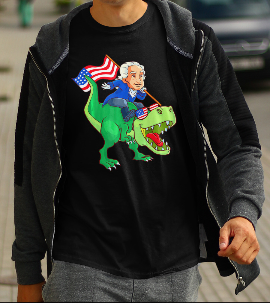 George Washington Riding Rex Dinosaur With American Flag And Sunglasses T-Shirt