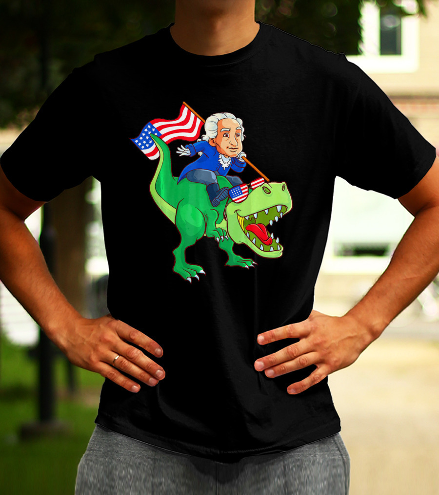 George Washington Riding Rex Dinosaur With American Flag And Sunglasses T-Shirt